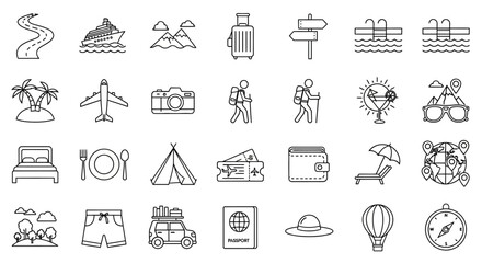 Fototapeta premium Travel icons, vacation symbols, tourism signs, 25 line icons