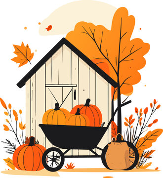  Peque&ntilde;o cobertizo rural con carretilla cargada de calabazas y vegetaci&oacute;n oto&ntilde;al decorativa sobre fondo transparente. Ilustraci&oacute;n c&aacute;lida inspirada en el campo.
