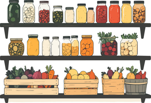  Estanter&iacute;as con frascos de alimentos conservados y cajas llenas de verduras y frutas frescas sobre fondo transparente. Escena de despensa rural y mercado agr&iacute;cola.
