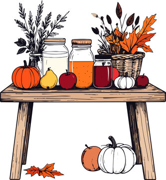  Mesa de madera con frascos de conservas, calabazas, frutas y hojas oto&ntilde;ales secas sobre fondo transparente. Composici&oacute;n acogedora inspirada en la cosecha de oto&ntilde;o y decoraci&oacute;n r&uacute;stica de granja.
