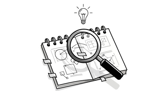 Magnifying glass on a notebook.