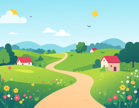  Paisaje campestre con camino sinuoso, colinas verdes, flores silvestres y peque&ntilde;as casas rurales bajo cielo azul. Escena tranquila de naturaleza y primavera.
