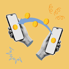 Two smartphones held in hands with floating coins and an arrow indicating the need for a money transfer symbolize mobile banking, online transactions, and digital wallets. Vector illustration. © Alona