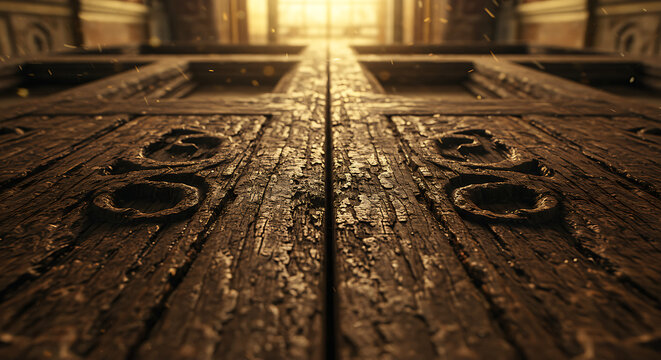 Close-up of old wooden floor with metal rings in a historic building interior
