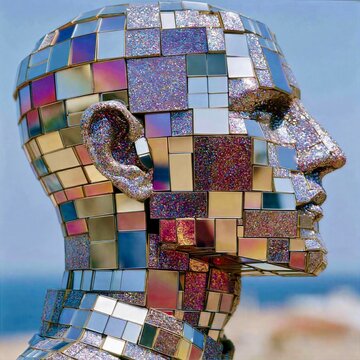 Sculpture of a head made of mirror pieces displayed at an outdoor location under clear sky near a body of water