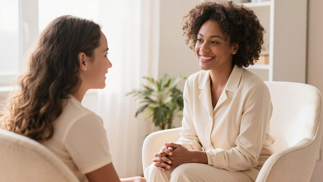 Authentic Black female therapist conducting genuine counseling session with young woman client in warm sunlit modern office, editorial mental health photography with copy space