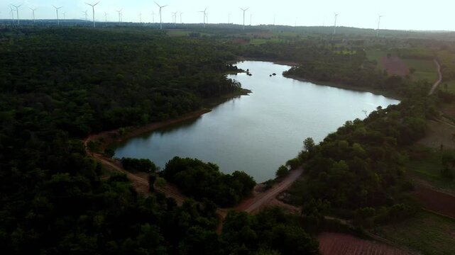 Sunset Aerial View at Chang Tok Tai Reservoir, Thepharak, Korat Thailand