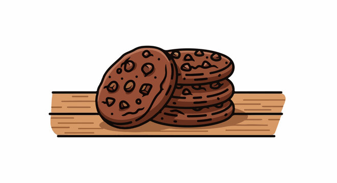A stack of delicious chocolate chip cookies rests on a wooden plank