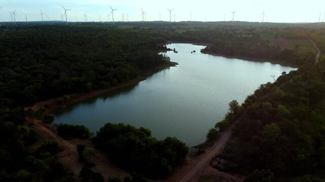 Sunset Aerial View at Chang Tok Tai Reservoir, Thepharak, Korat Thailand