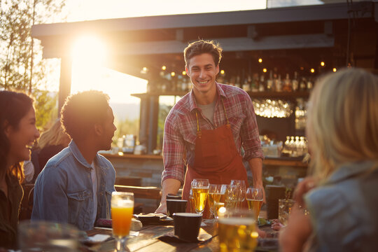 Un alegre camarero atiende a un grupo de amigos en una terraza al aire libre. Captura la esencia de la hospitalidad y la vibrante vida social durante una puesta de sol dorada.