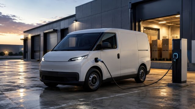Fourgon &eacute;lectrique en charge devant un entrep&ocirc;t au cr&eacute;puscule
