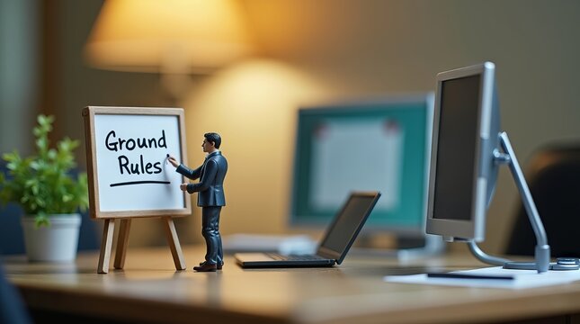 Miniature businessman writing ground rules on a whiteboard in a modern office.