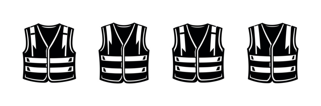 Set of four black and white safety vests with reflective stripes