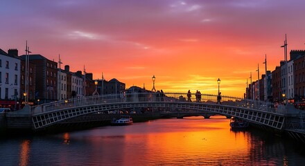 Fototapeta premium Sunset over a bridge reflecting in water with vibrant colors and silhouettes