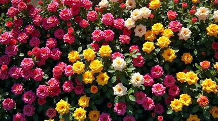 Obraz premium Vibrant Colorful Rose Garden Displaying Many Blooming Flowers.