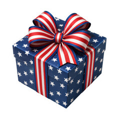 Fototapeta premium Patriotic gift box with stars and stripes bow isolated on transparent background