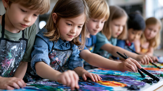 Afterschool group of kids in paint-splattered aprons crowd around a large canvas on the gymnasium floor, each adding bold brushstrokes in different colors, creative arts education in joyful chaos, p