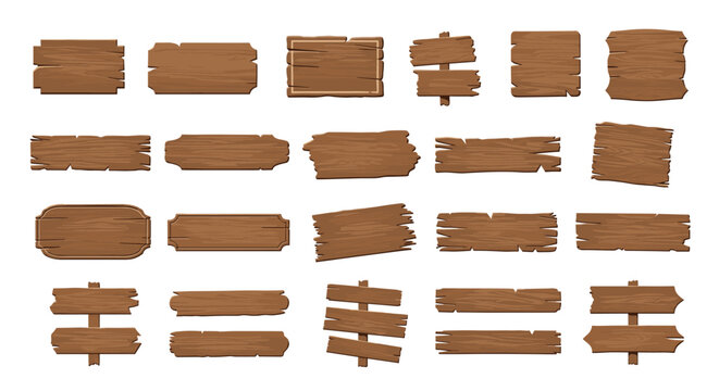 Collection of various rustic wooden planks and signboards with different textures and shapes isolated on a white background.