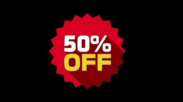 50 Percent Off Discount Sale Badge Animated Motion Graphic. 50 Percent Off Red Promo Sticker Animation. Special Offer 50% Off Graphic Element for Retail Sale Marketing