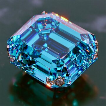 Bright blue gemstone with clear cut and shine on a dark surface in a well-lit setting during daylight hours