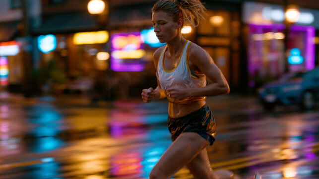 Lean marathon runner mid-stride at 5am city streets, breath misting cold air under amber streetlights, motion blur on wet pavement reflecting neon storefronts, perfect for dawn training, endurance a