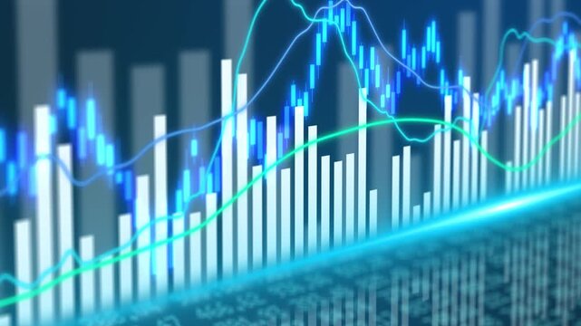 Candlestick stock chart with price table line glowing and volume indicator showing global financial market trading, investment growth trend, economic wealth analysis, and virtual hologram display