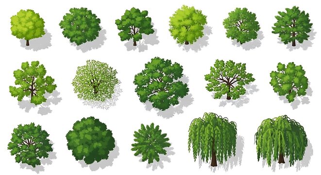 Set of top view green trees for architectural landscape design and garden planning