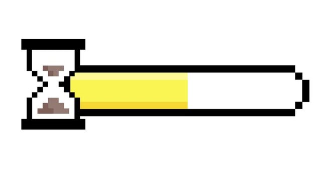 Retro pixel art loading bar with hourglass icon illustrating digital progress and time status concept