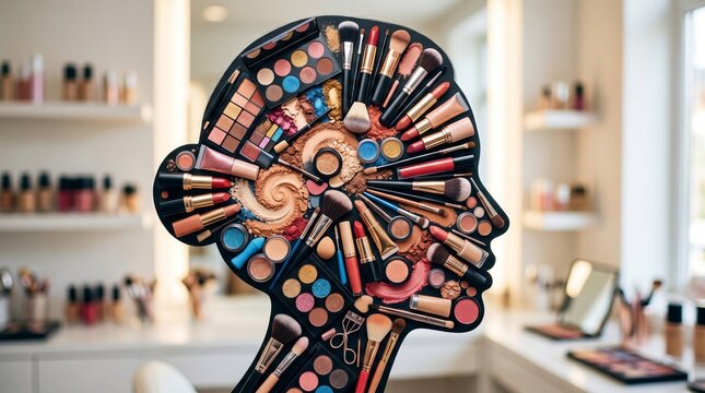 Woman silhouette shape filled with makeup products and brushes. Creative beauty concept showing colorful cosmetics palette, lipstick, and powder. Professional visage art for salon beauty.