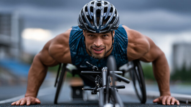Paralympic sprinter in a carbon-fiber racing wheelchair exploding from starting blocks on an outdoor track, dramatic overcast sky above, muscles taut, perfect for adaptive sports, Paralympic inspira