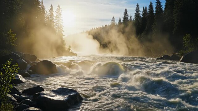 Morning sunrise light shining through coniferous forest onto fast-flowing river rapids with thick mist rising from the water surface and dark rocks in the foreground.