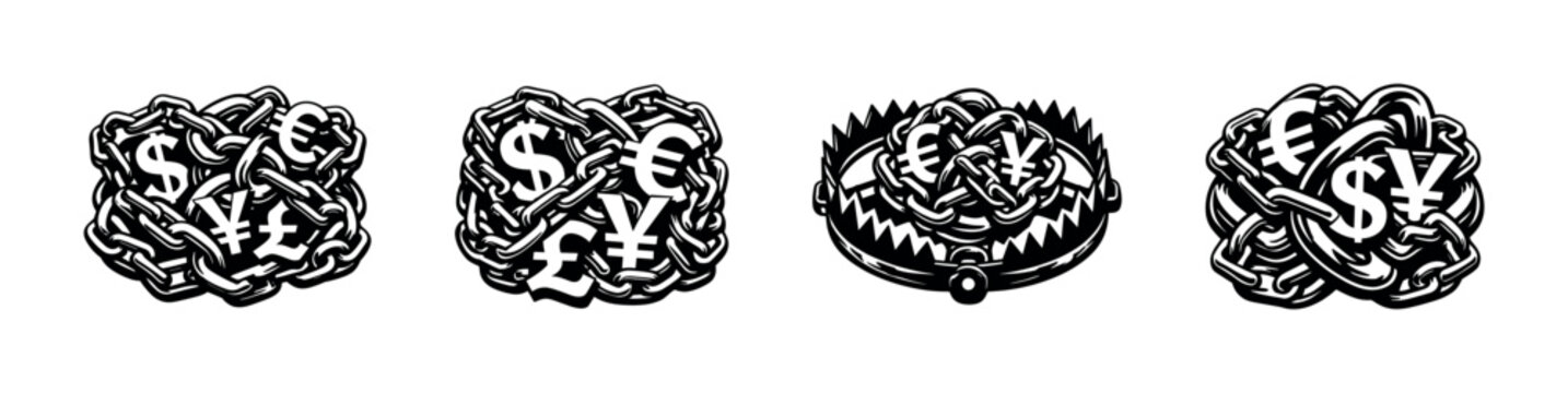 Global currency symbols entangled in chains and a trap symbolizing financial risk