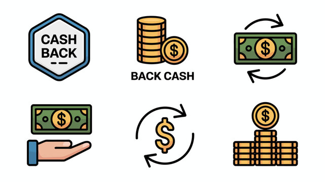 Cash back and savings cycle with money stack and bills icon set