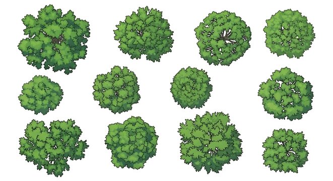 Set of green trees viewed from above for architectural landscape and map design