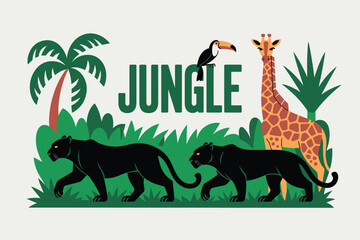 Fototapeta premium Flat illustration of a jungle scene with wild animals and text