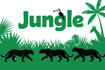 Fototapeta premium Jungle typography design featuring green tropical plants and exotic animal silhouettes