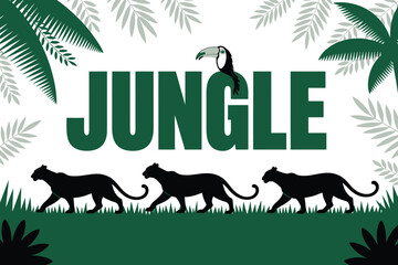Fototapeta premium Flat vector illustration of jungle text with wild animals and exotic palm leaves
