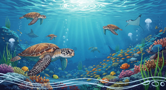 Sea turtles swimming in blue ocean with coral reef and jellyfish