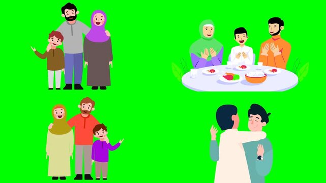 Happy muslim family members hugging eating dinner and taking photographs 2d animated cartoon on green screen chroma key background. high quality loop cycle vector illustration animation