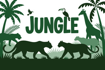 Fototapeta premium Flat vector illustration of jungle scene with wild animals and text