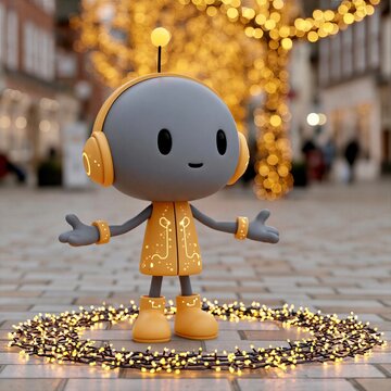 Character with headphones stands surrounded by lights in a city square during evening time