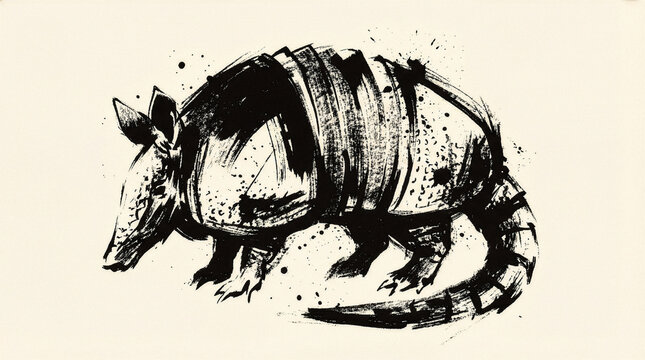 Bold black ink brush illustration of armadillo on beige background