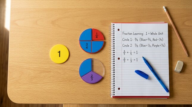 Overhead view of math fraction manipulatives, spiral notebook with equations, and stationery on wooden desk

