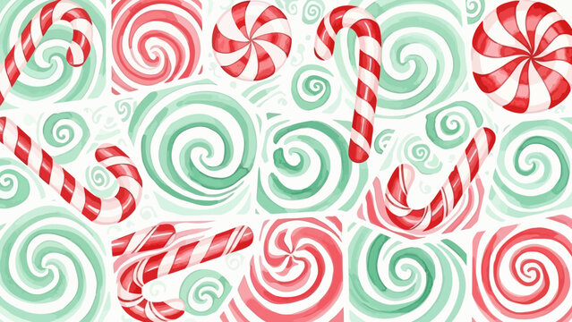 Seamless Pattern of Red and Green Peppermint Candy Canes and Swirls on White Background