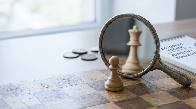 Wooden chess pawn reflects as king in magnifying glass symbolizing economic escape and potential realization for success and growth