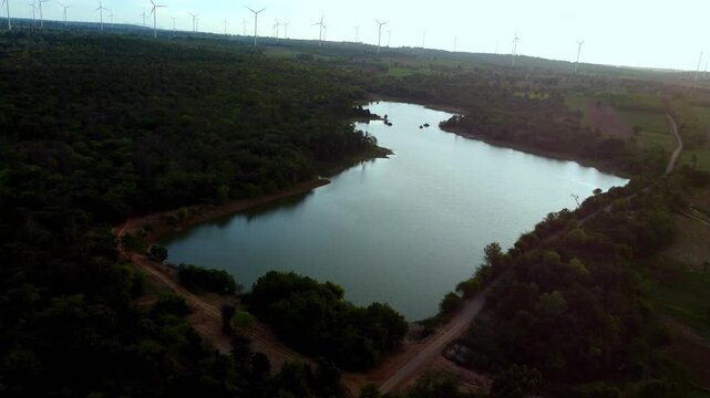 Sunset Aerial View at Chang Tok Tai Reservoir, Thepharak, Korat Thailand