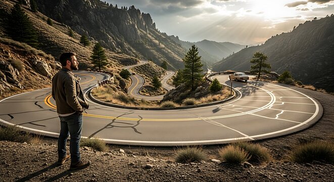Solitary Man Standing Beside Winding Mountain Road at Sunset