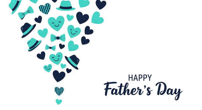 Blue and teal hearts and hats cascade, symbolizing love and fatherhood, ideal for Father's Day celebration card or banner