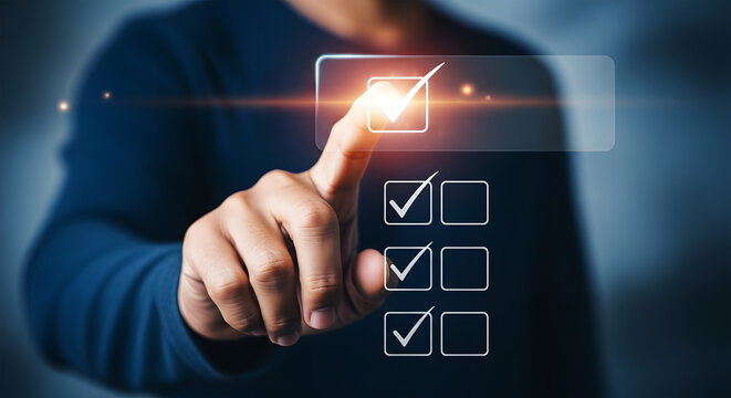 Person's finger touching glowing checkmark on digital checklist interface image