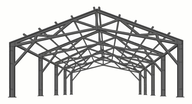 An industrial metal structure with a pitched roof and supporting columns